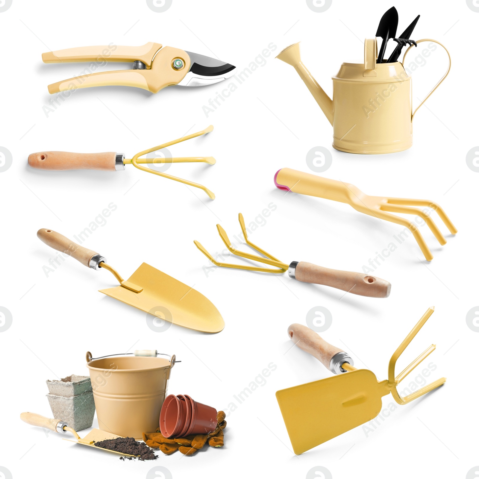 Image of Set of different gardening tools on white background