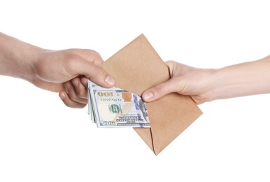 Photo of Money exchange. Man giving envelope with dollar banknotes to woman on white background, closeup