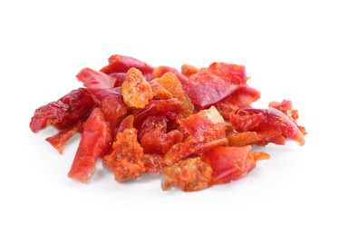 Aromatic spice. Pile of red chili pepper flakes isolated on white