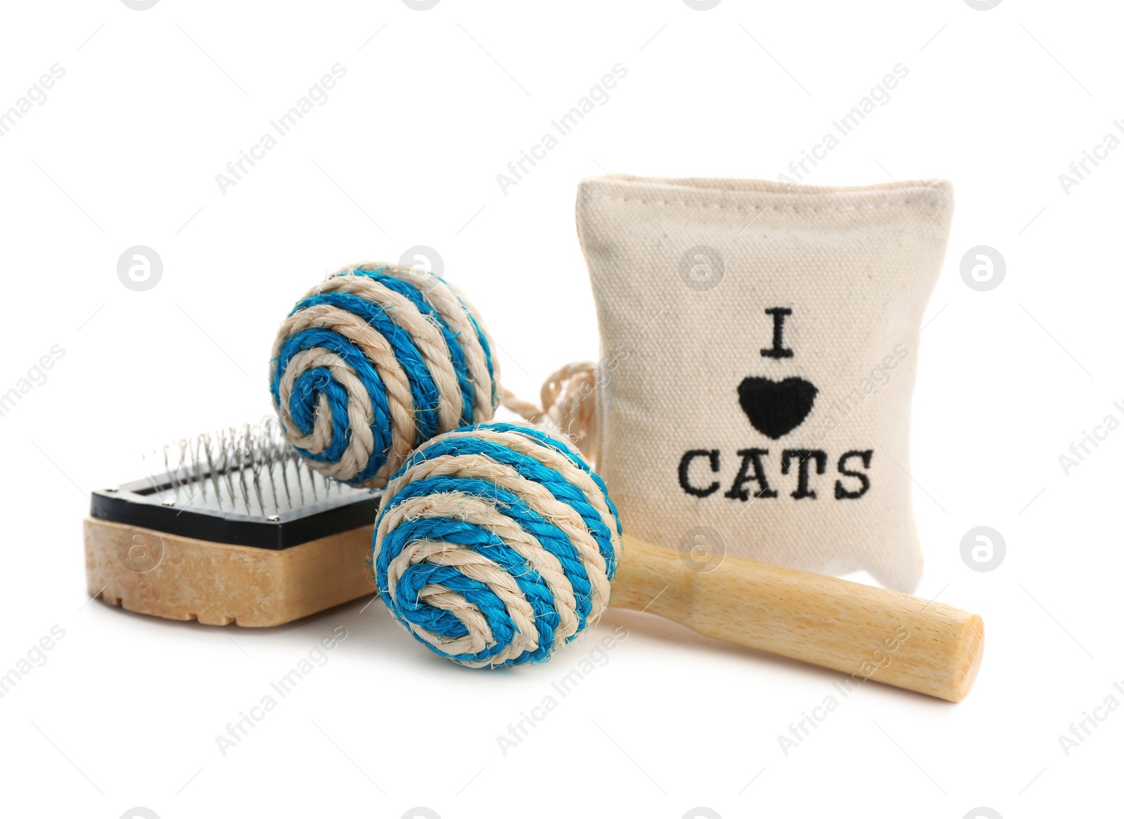 Photo of Cat toys and accessories on white background. Pet care