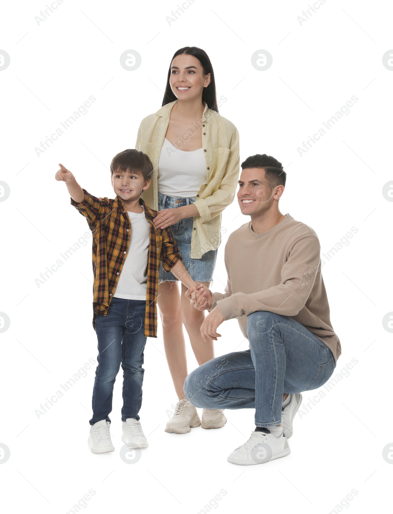 Photo of Little boy with his parents together on white background