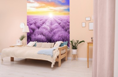 Image of Stylish room Interior with furniture and landscape wallpapers