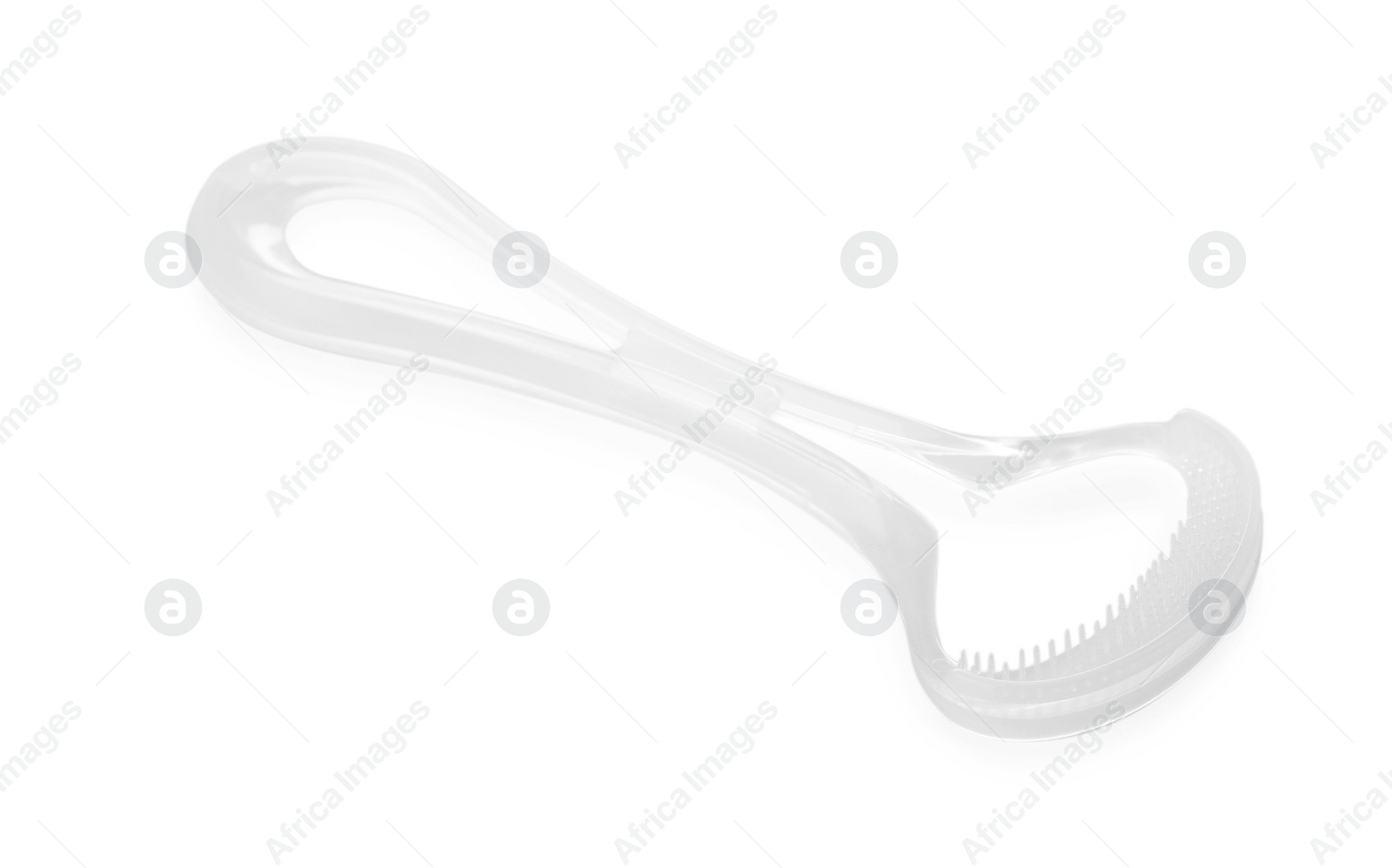 Photo of One plastic tongue cleaner isolated on white. Dental care