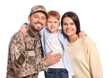 Ukrainian defender in military uniform with his family on white background
