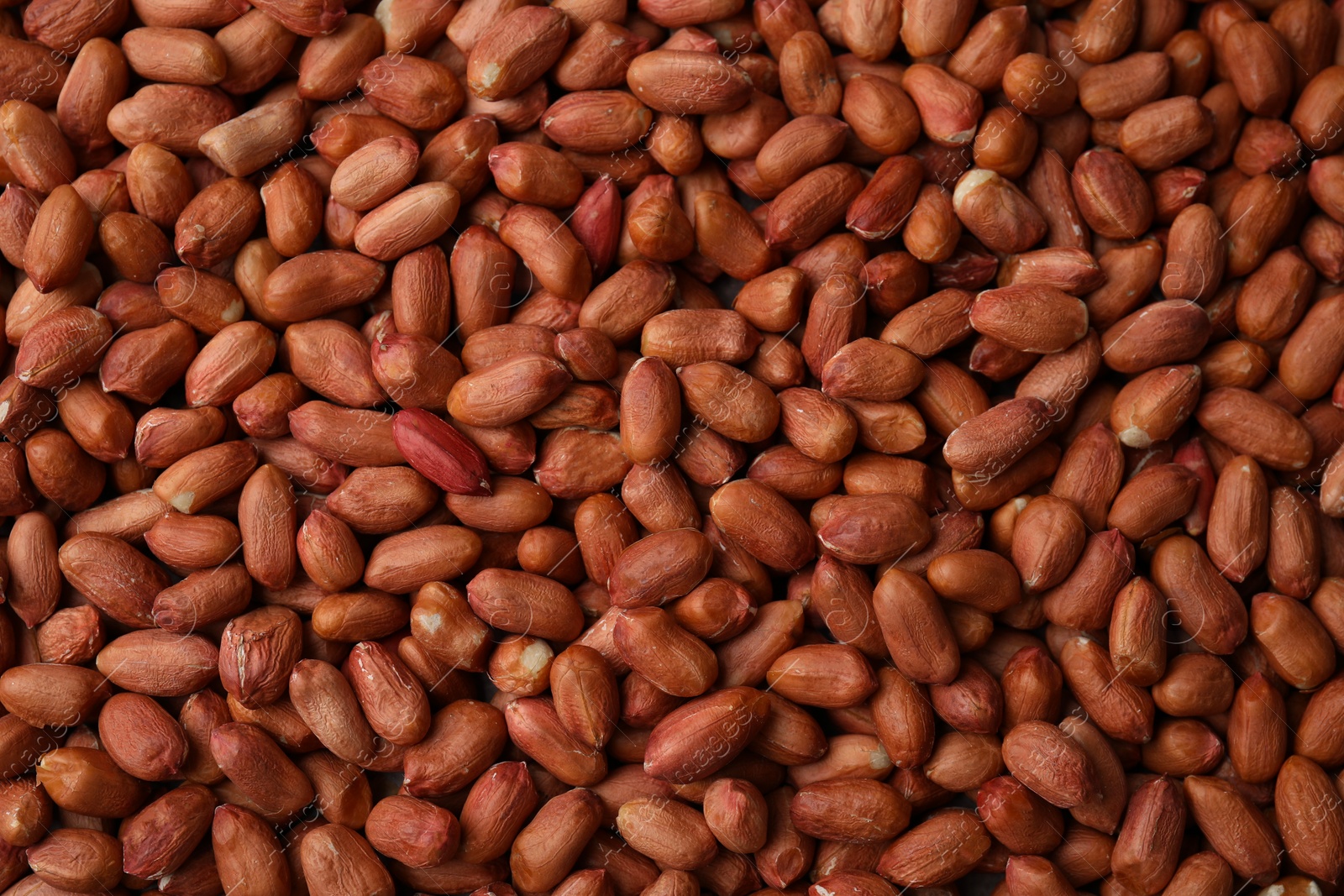 Photo of Many fresh unpeeled peanuts as background, top view