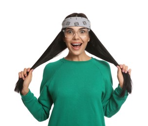 Photo of Young woman wearing stylish bandana on white background