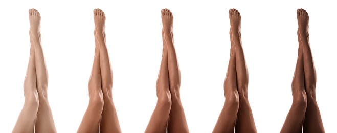 Young woman with beautiful legs on white background, closeup. Banner collage showing stages of suntanning