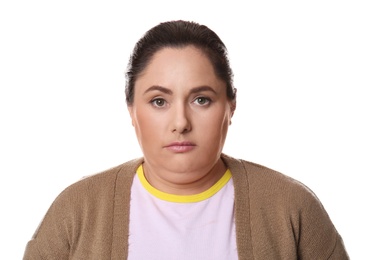 Woman with double chin on white background