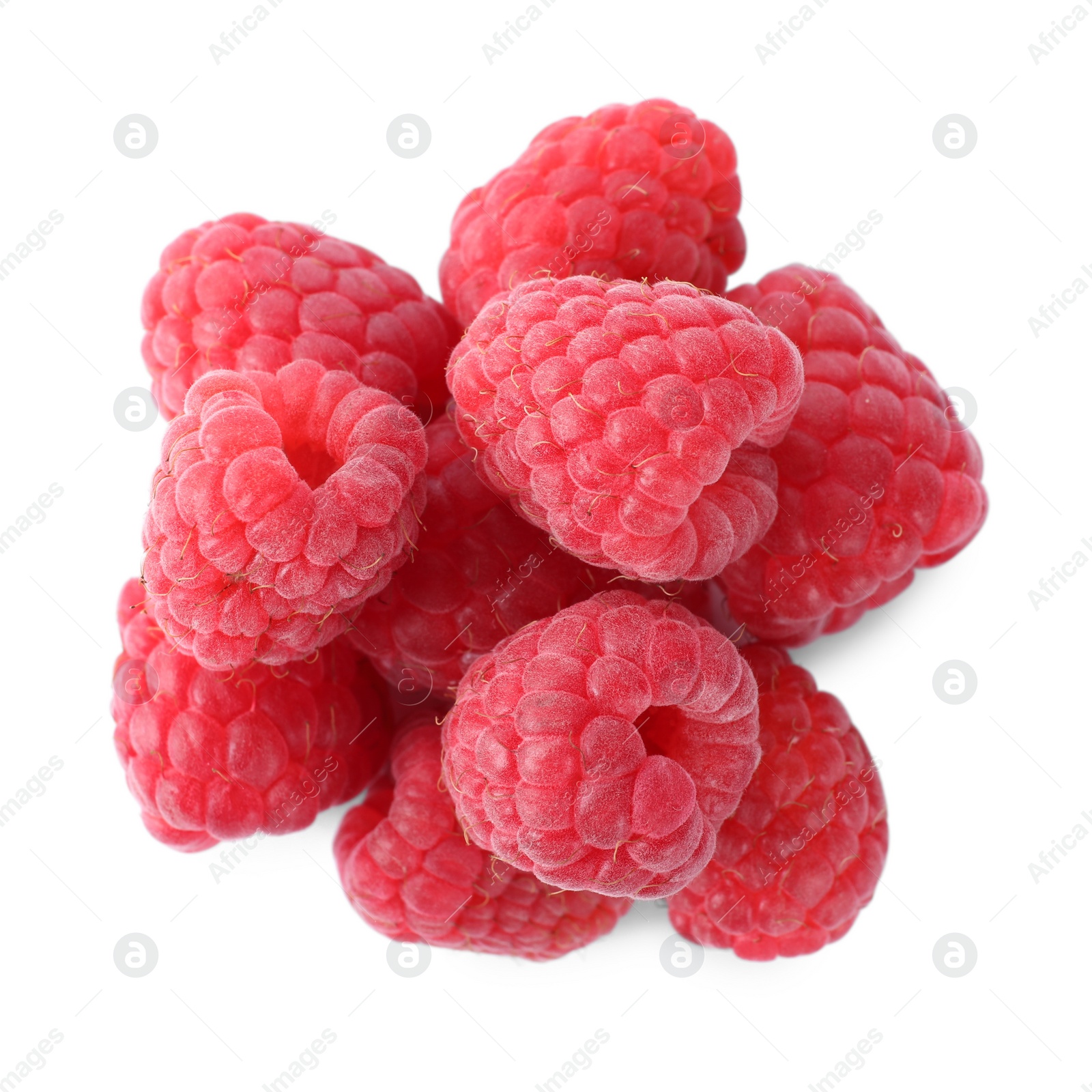Photo of Pile of fresh ripe raspberries isolated on white, top view