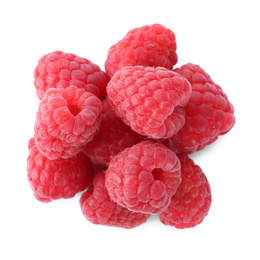 Photo of Pile of fresh ripe raspberries isolated on white, top view