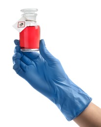 Photo of Medical worker holding bottle with poison on white background, closeup