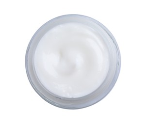 Jar of body cream isolated on white, top view