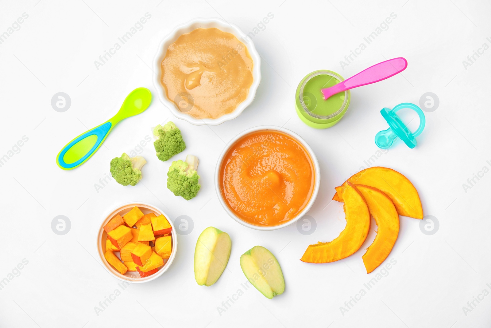 Photo of Flat lay composition with bowls of healthy baby food on white background