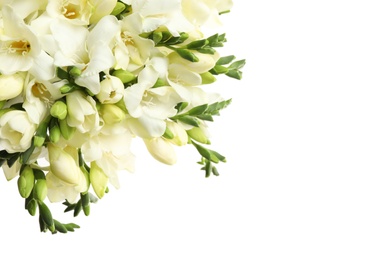 Photo of Beautiful aromatic freesia bouquet isolated on white