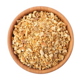 Bowl of dried orange zest seasoning isolated on white, top view