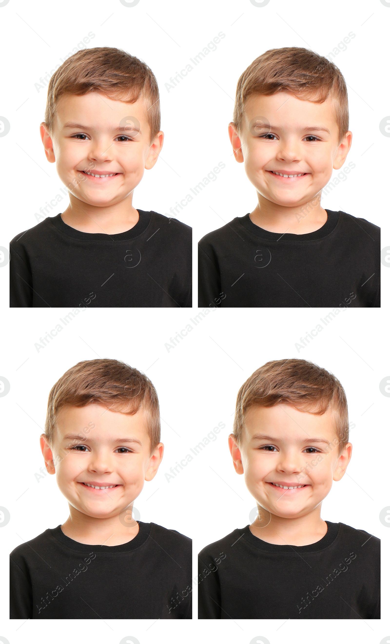 Image of Passport photo, collage. Boy on white background, set of photos