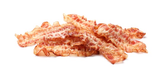 Photo of Delicious fried bacon slices isolated on white