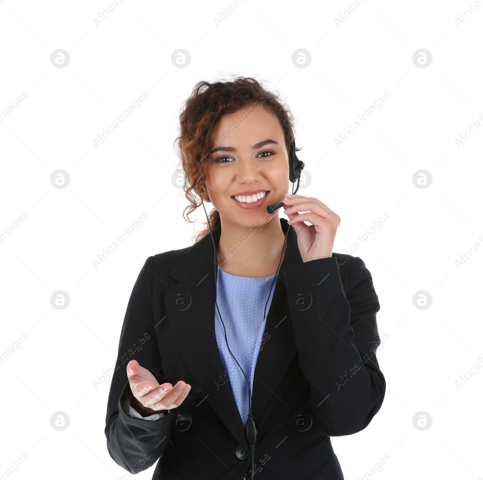 Photo of African-American technical support operator with headset isolated on white