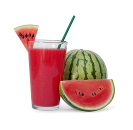 Photo of Fresh delicious watermelon drink in glass and watermelon on white background