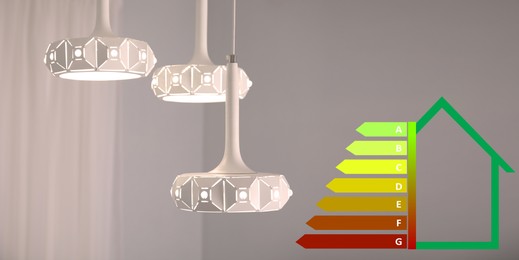 Energy efficiency rating label and pendant lamp indoors, banner design