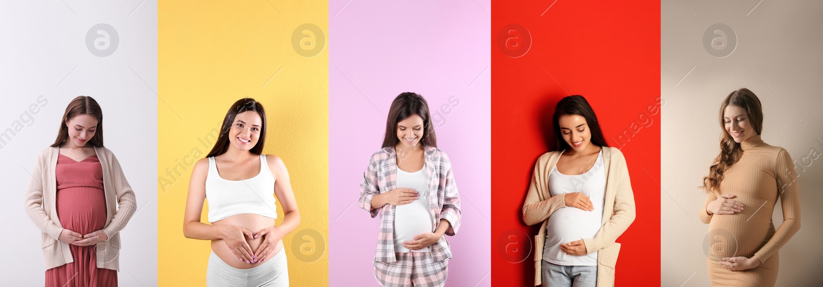 Image of Collage with photos of beautiful pregnant women on different color backgrounds. Banner design