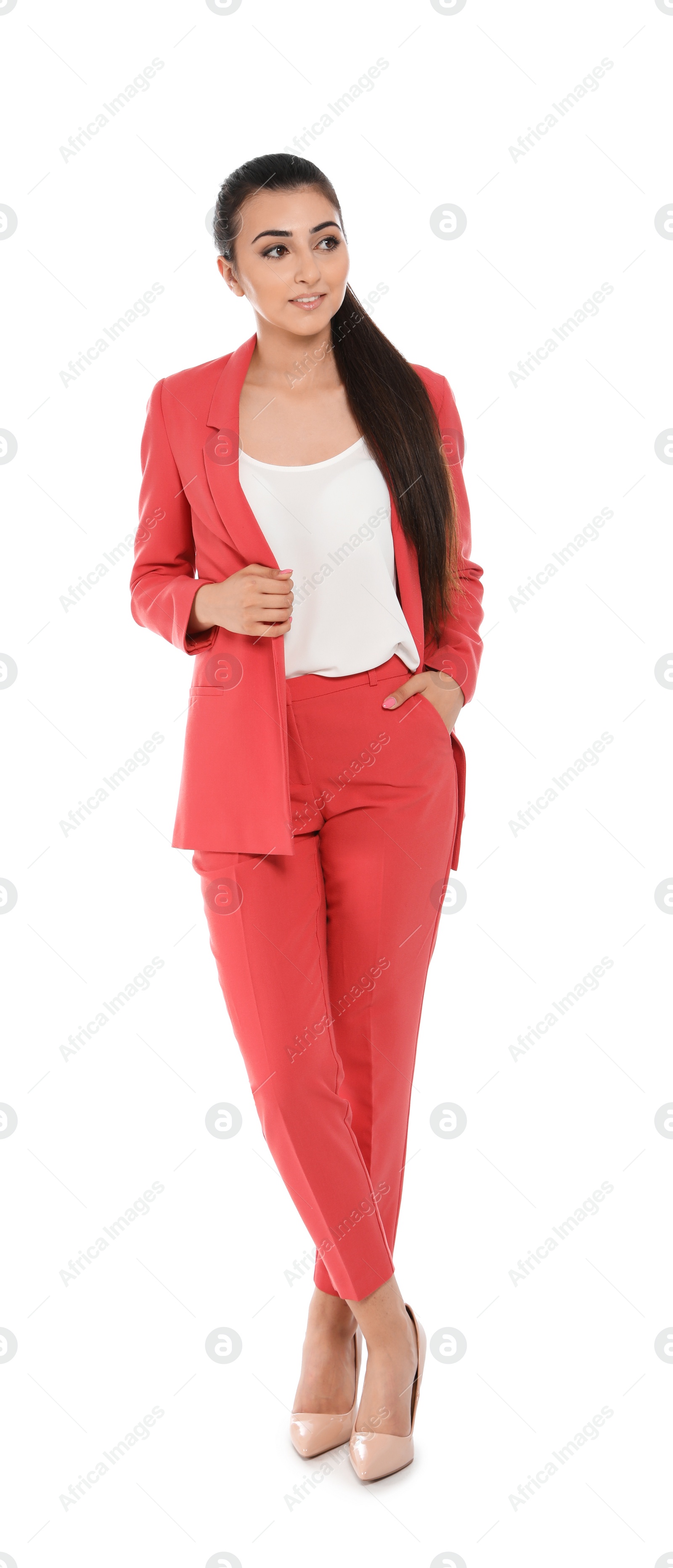 Photo of Full length portrait of smiling businesswoman on white background