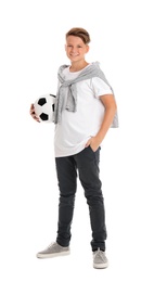 Photo of Teenage boy with soccer ball on white background