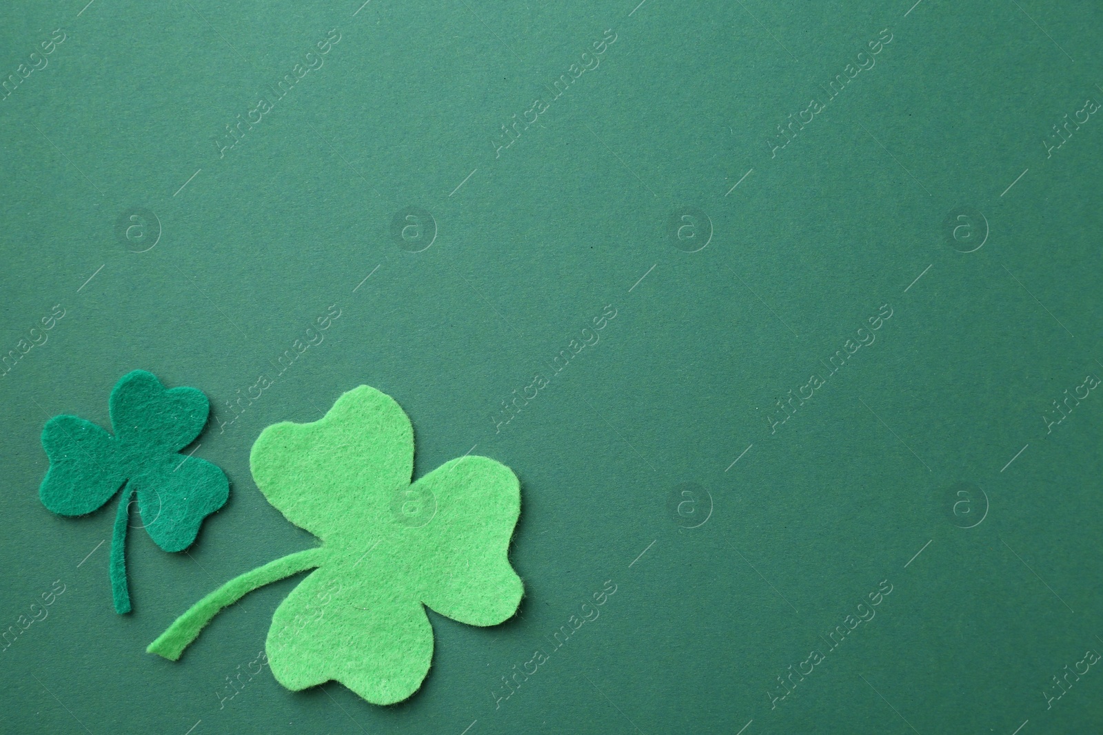 Photo of St. Patrick's day. Decorative clover leaves on green background, flat lay. Space for text