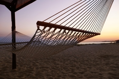 Photo of Empty hammock on beach at sunset. Time to relax