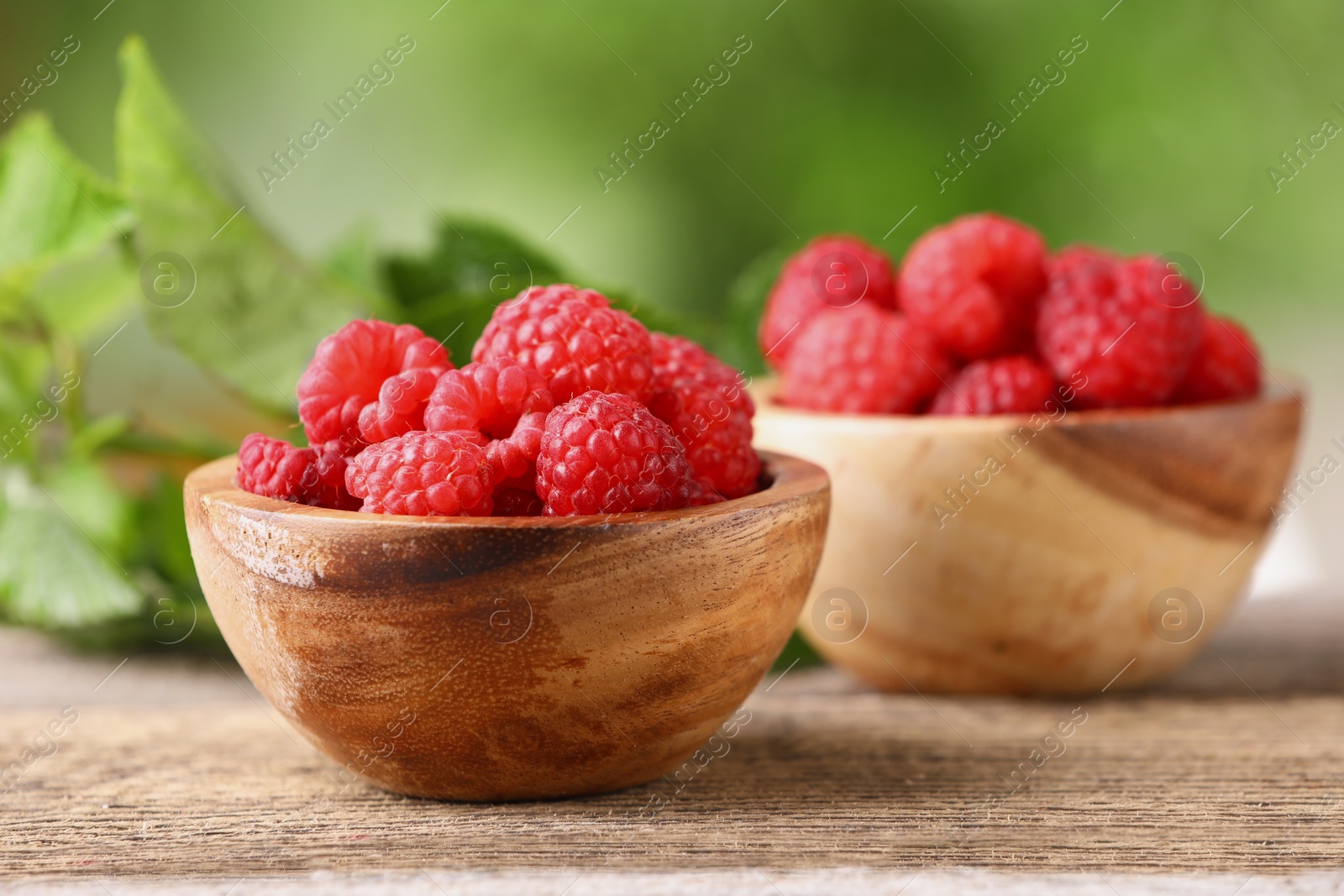 Photo of Tasty ripe raspberries in bowl on wooden table outdoors. Space for text