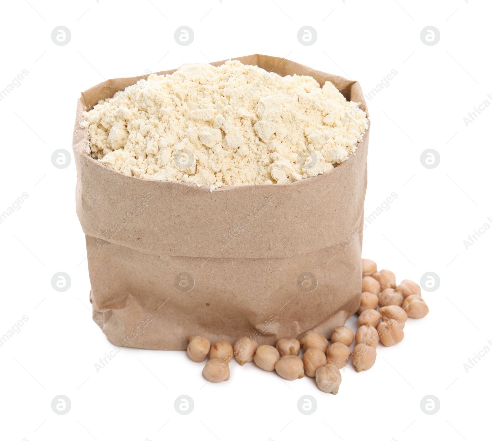 Photo of Chickpea flour in paper bag and seeds isolated on white