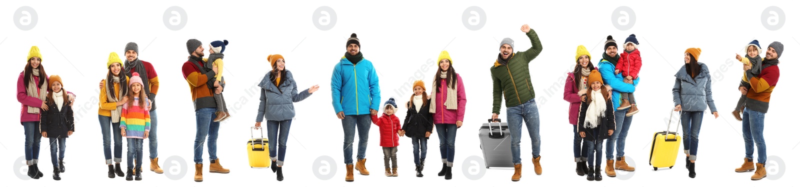 Image of Collage with photos of people wearing warm clothes on white background, banner design. Winter vacation