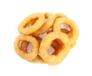Photo of Delicious onion rings isolated on white, top view