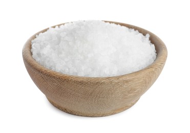 Photo of Natural sea salt in wooden bowl isolated on white