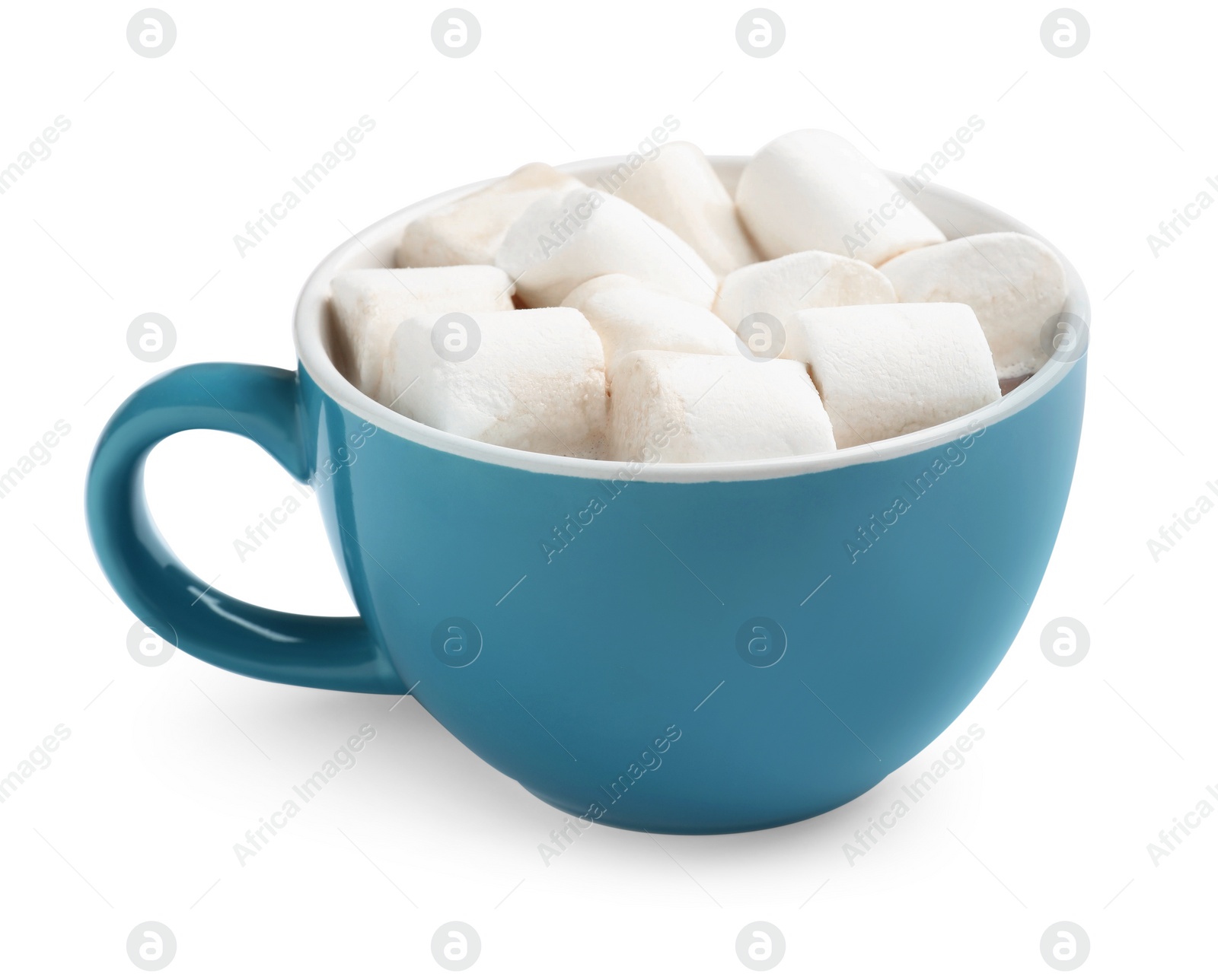 Photo of Tasty hot chocolate with marshmallows isolated on white