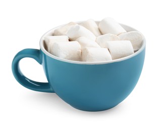 Photo of Tasty hot chocolate with marshmallows isolated on white