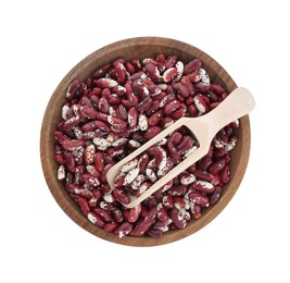 Photo of Bowl with dry kidney beans and scoop isolated on white, top view