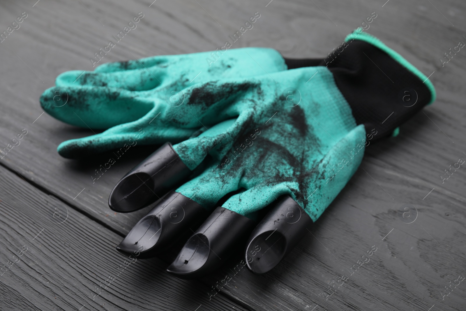 Photo of Pair of claw gardening gloves on grey wooden table, closeup