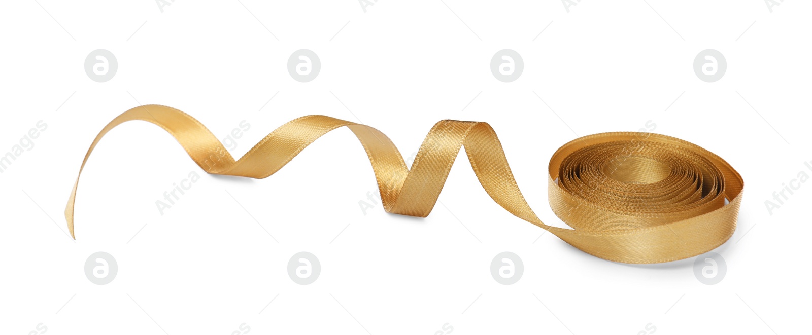 Photo of Beautiful golden ribbon isolated on white. Festive decor