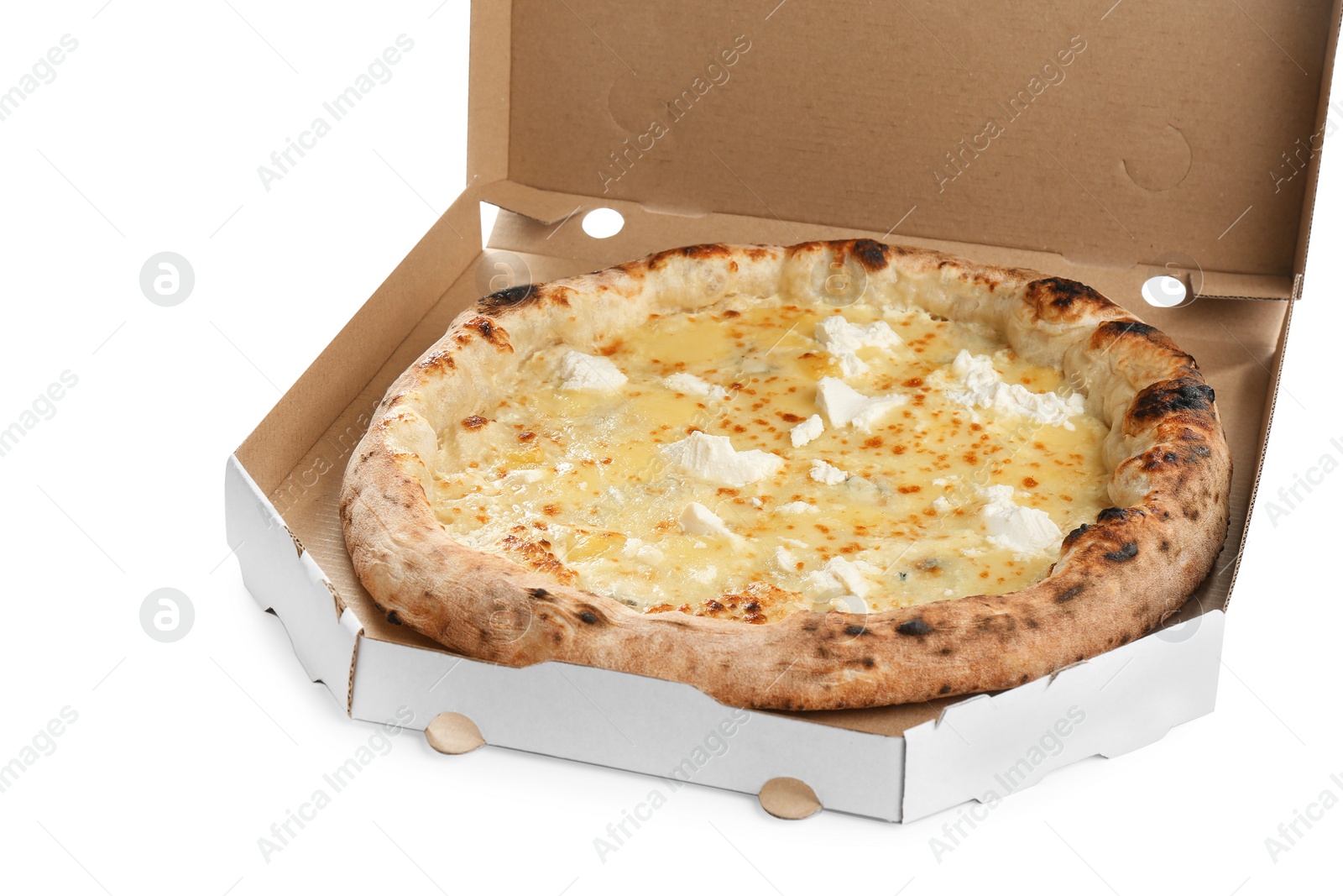 Photo of Delicious hot cheese pizza in takeout box isolated on white