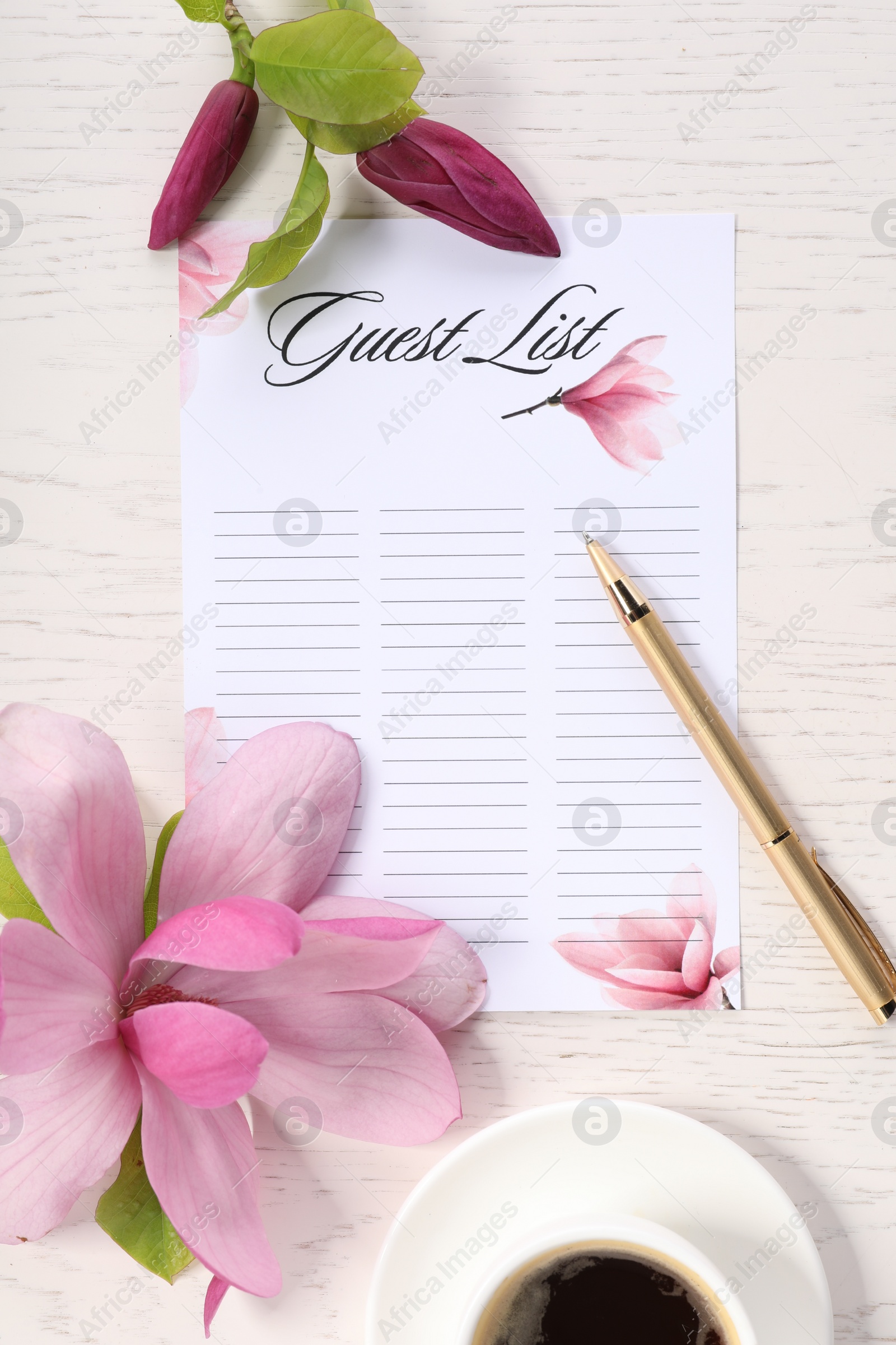 Photo of Guest list, coffee, pen and beautiful flowers on white wooden table, flat lay. Space for text