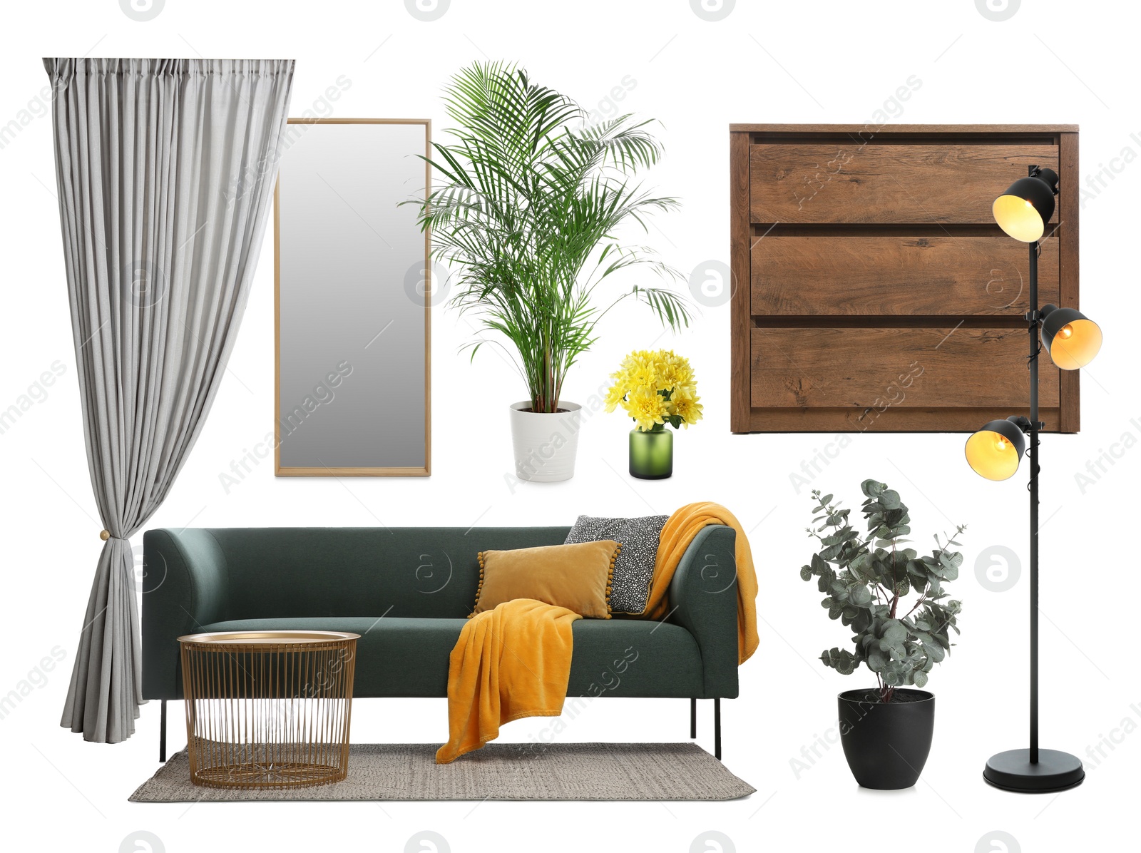 Image of Stylish interior design. Different decorative elements and furniture on white background. Mood board collage