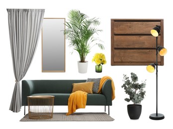 Stylish interior design. Different decorative elements and furniture on white background. Mood board collage