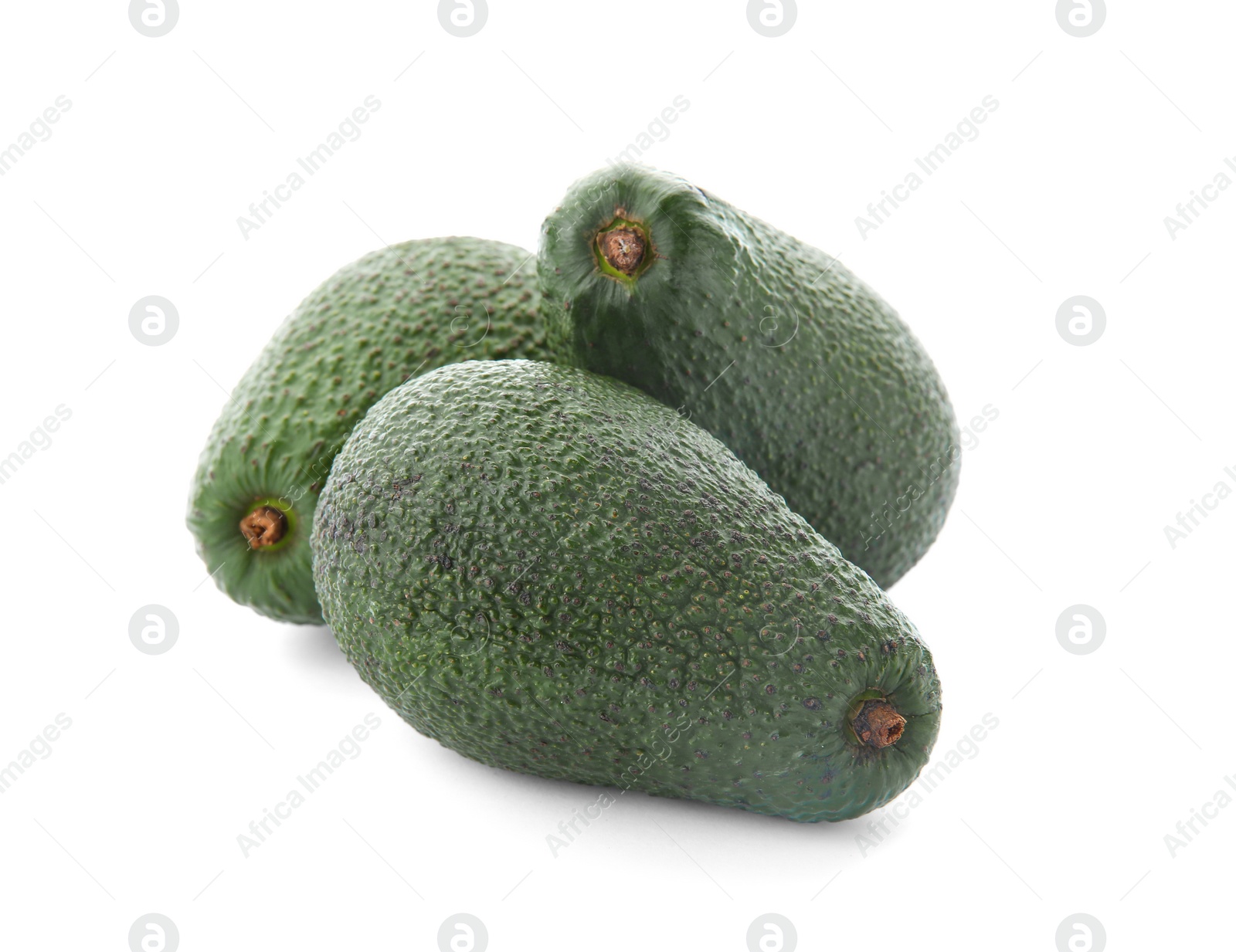 Photo of Ripe avocados on white background. Tropical fruit