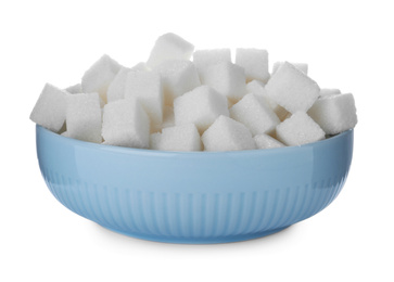 Refined sugar cubes in bowl isolated on white