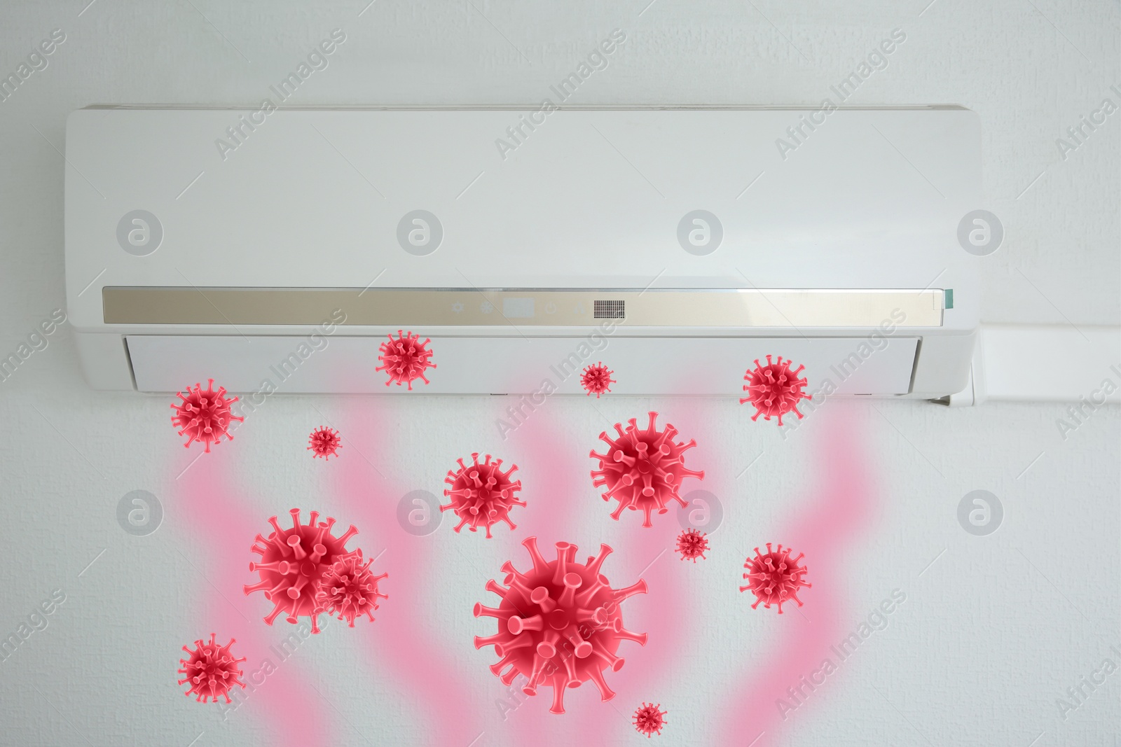 Image of Spreading of viruses. Contaminated air conditioner on white wall indoors