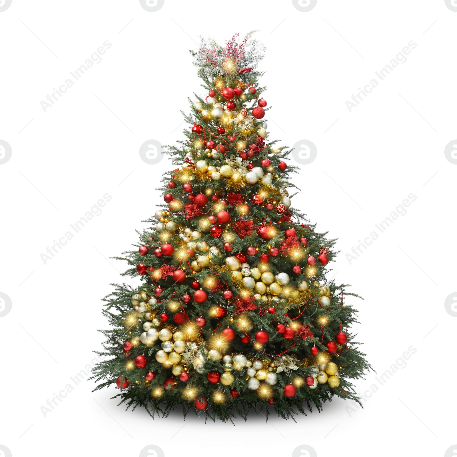 Image of Christmas tree decorated with ornaments and festive lights isolated on white