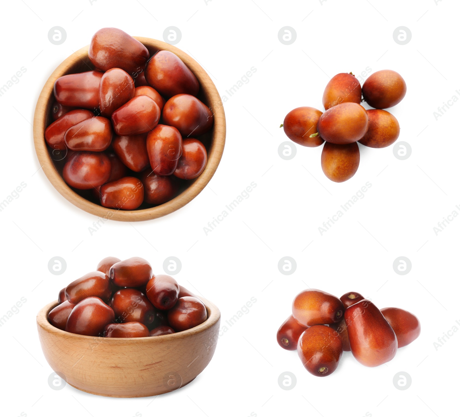 Image of Set with fresh ripe palm oil fruits on white background