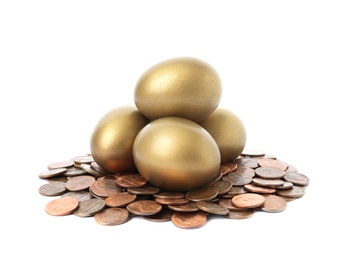 Gold eggs with coins on white background