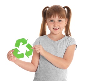 Photo of Little girl with recycling symbol on white background